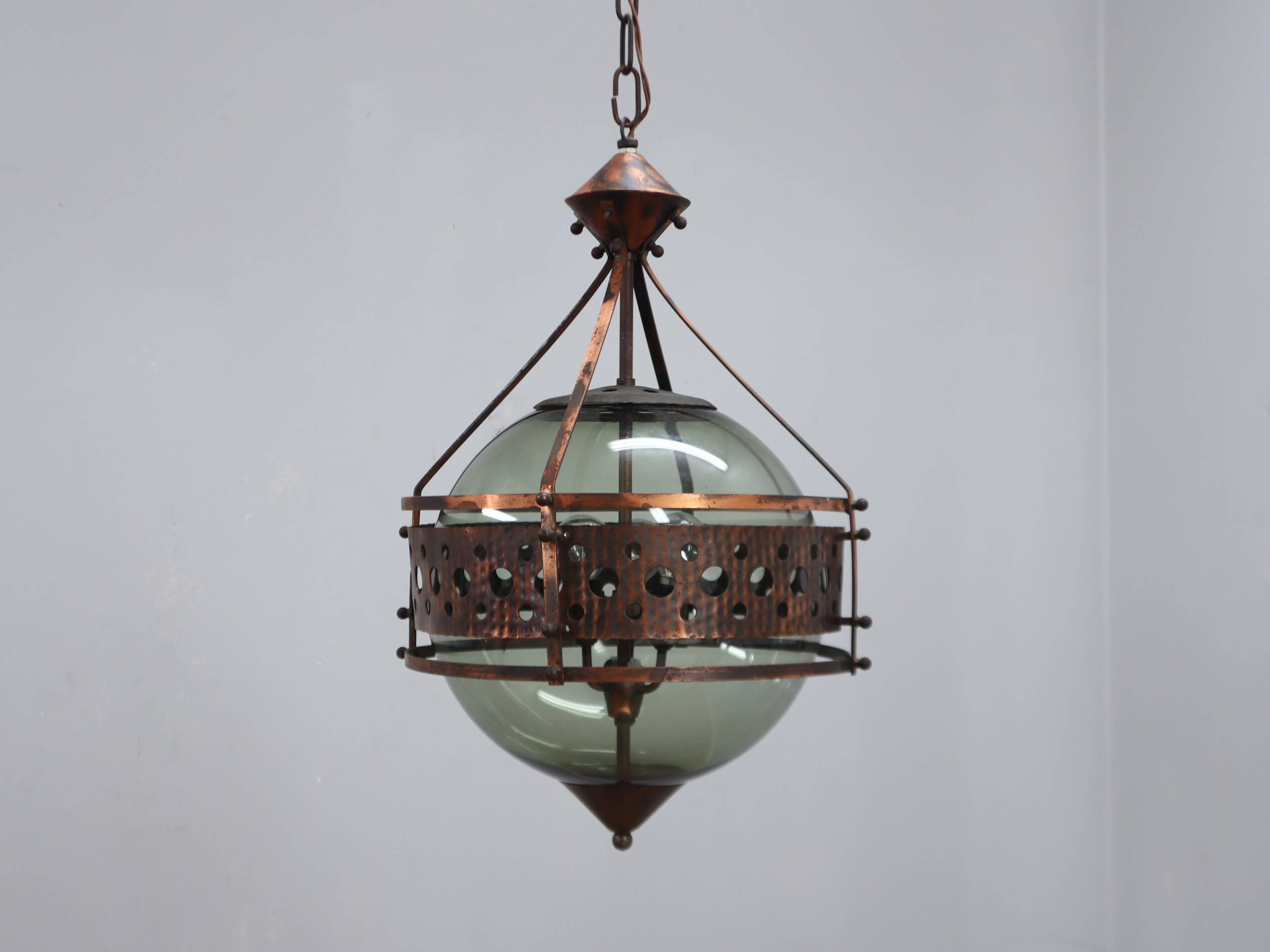 Pair of 1970s Brutalist Copper and Blown Glass Green Bottle Pendant Lamps