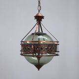 Pair of 1970s Brutalist Copper and Blown Glass Green Bottle Pendant Lamps