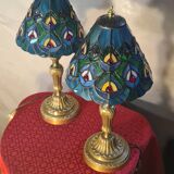 pair of antique bronze lamps, stained glass lampshades