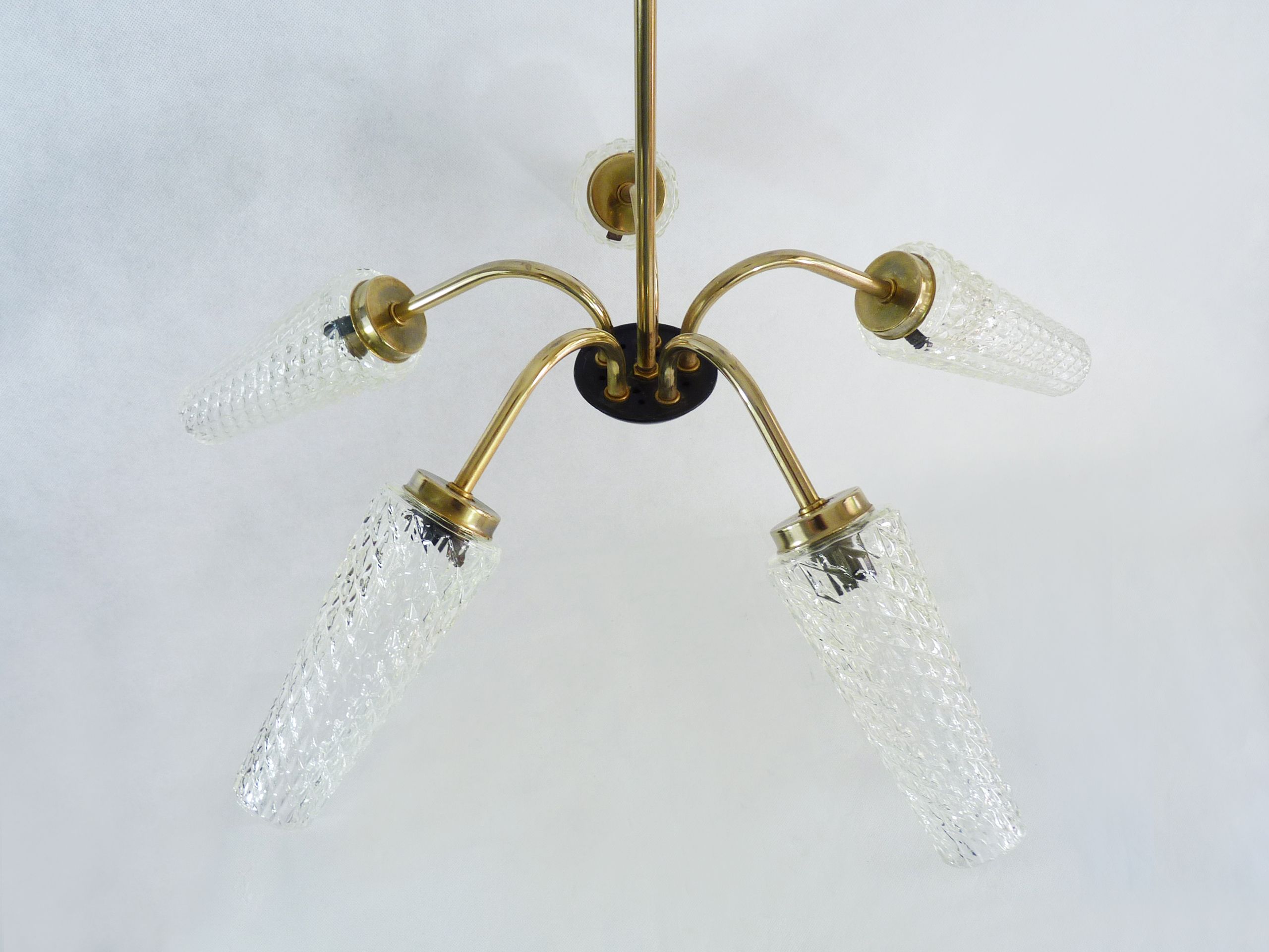 Old 5-branch chandelier, brass and glass tulips, vintage light fixture