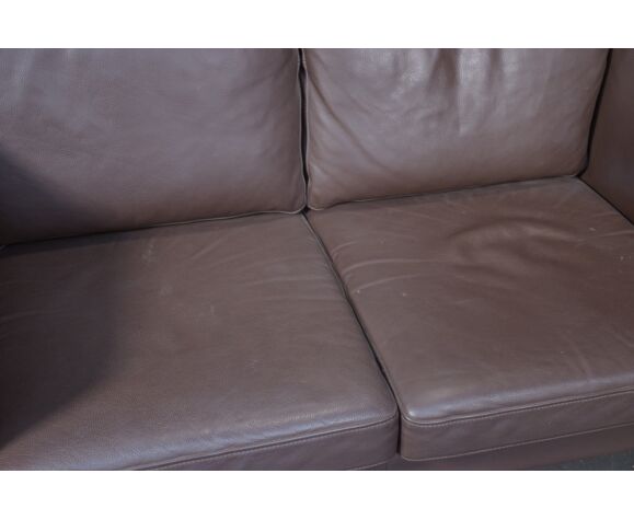 Danish brown leather two seater sofa with wooden frame