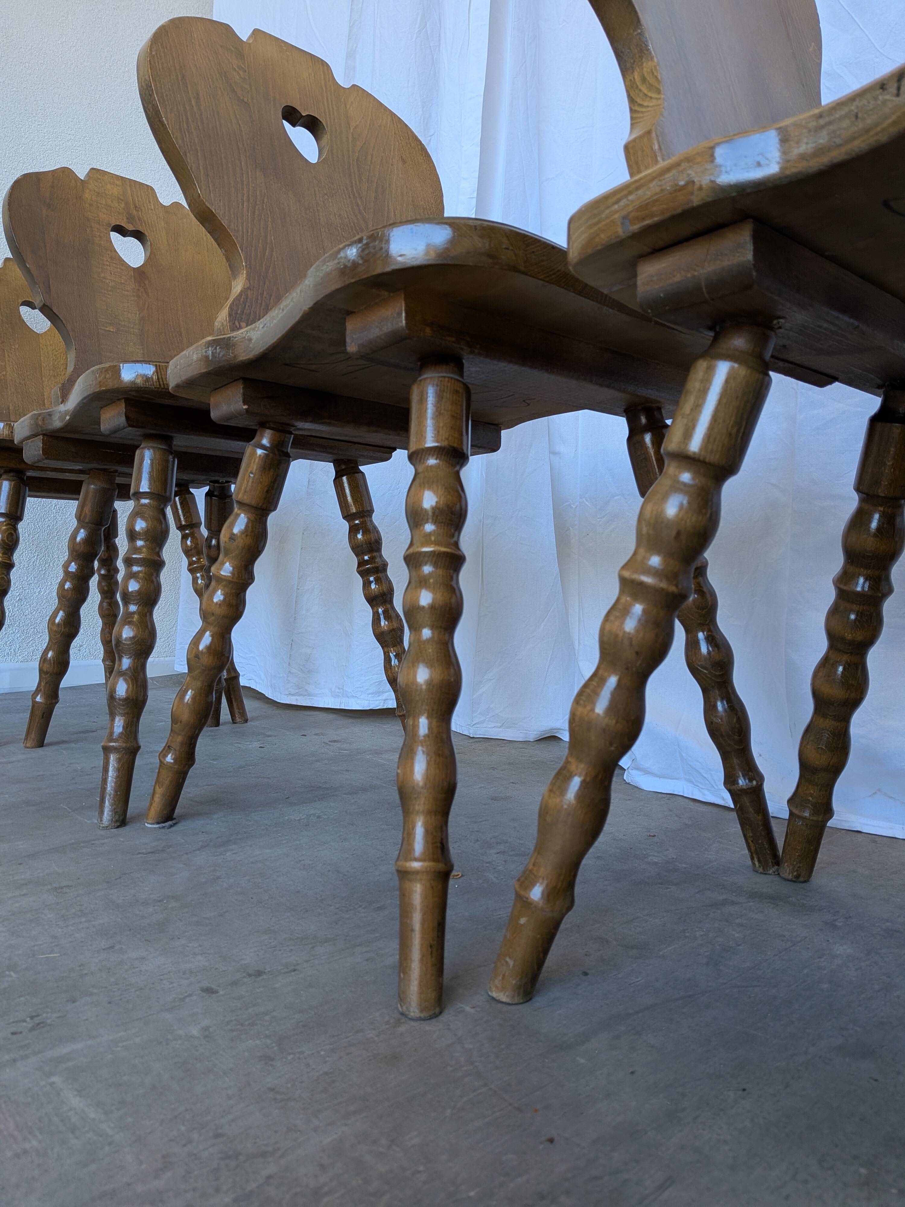 Set of 6 Vintage Tyrolean Heart Cutout Wooden Dining Chairs / Darker Brown