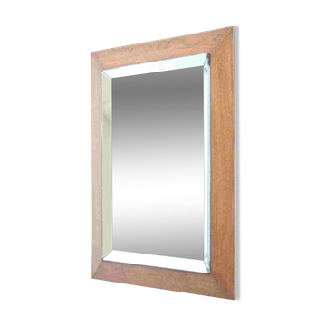 Art deco beveled mirror in an oak frame, 1940s.