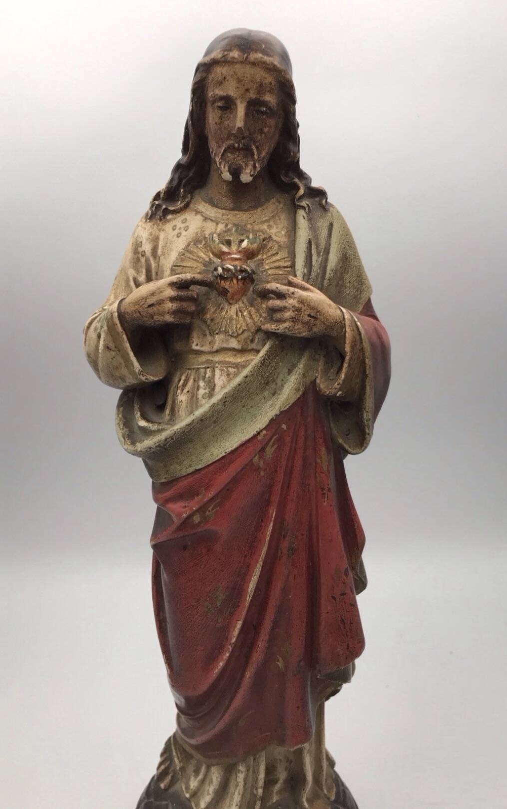SACRED HEART of Jesus, polychrome plaster religious statue signed 19th century.