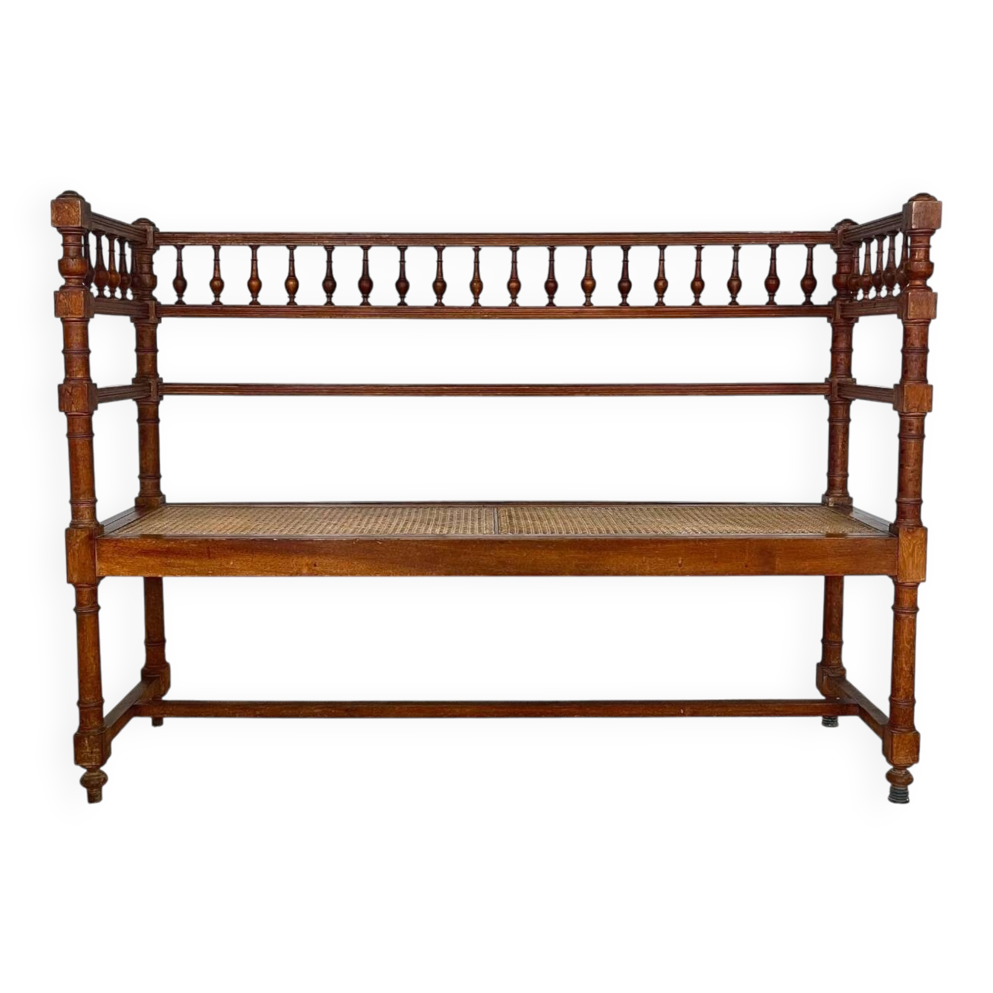 Antique banquette in Louis XIII style, turned wood with caning, late 19th to early 20th century.