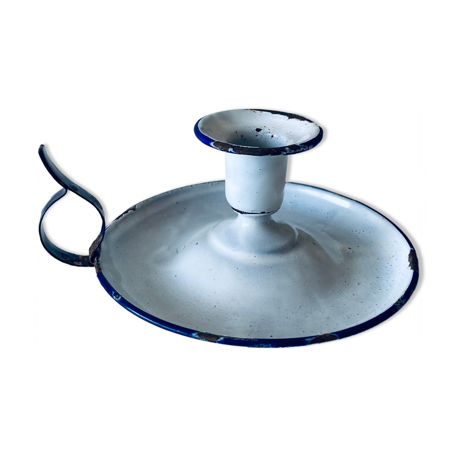 Antique candle holder in white and blue enamelled metal
