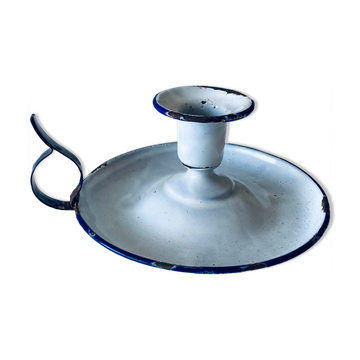 Antique candle holder in white and blue enamelled metal