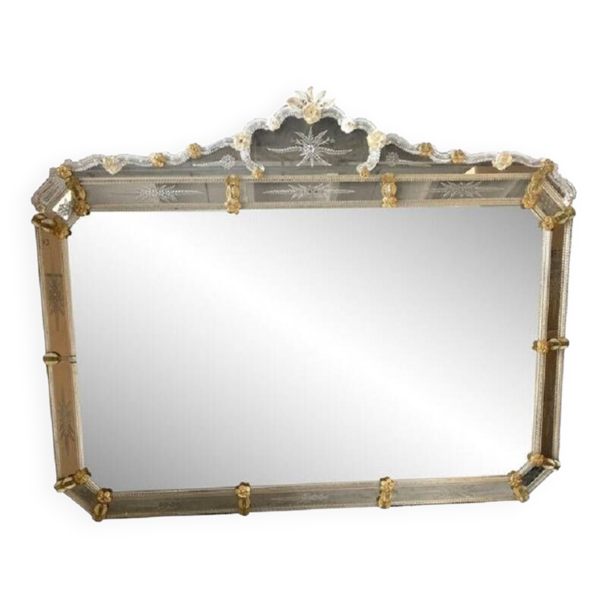Venetian Rectangular Gold Floreal Hand-Carving Mirror in Murano Glass Style
