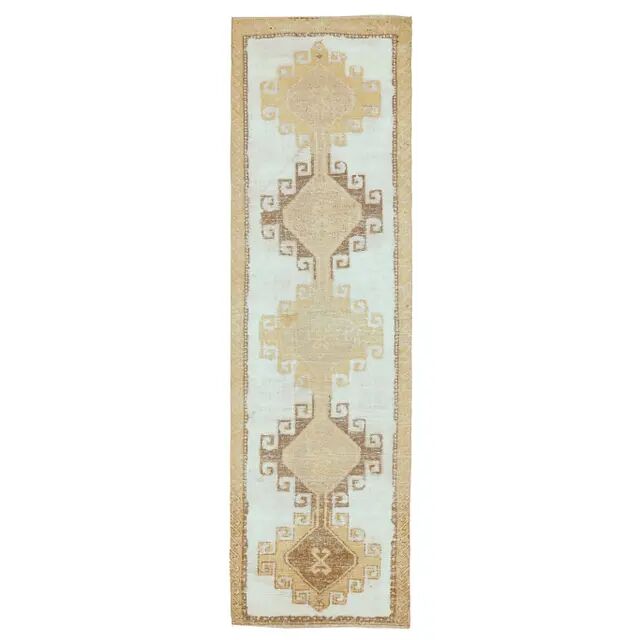 1970s Turkish Hand-Knotted Wool Cotton White Runner Rug 92x322