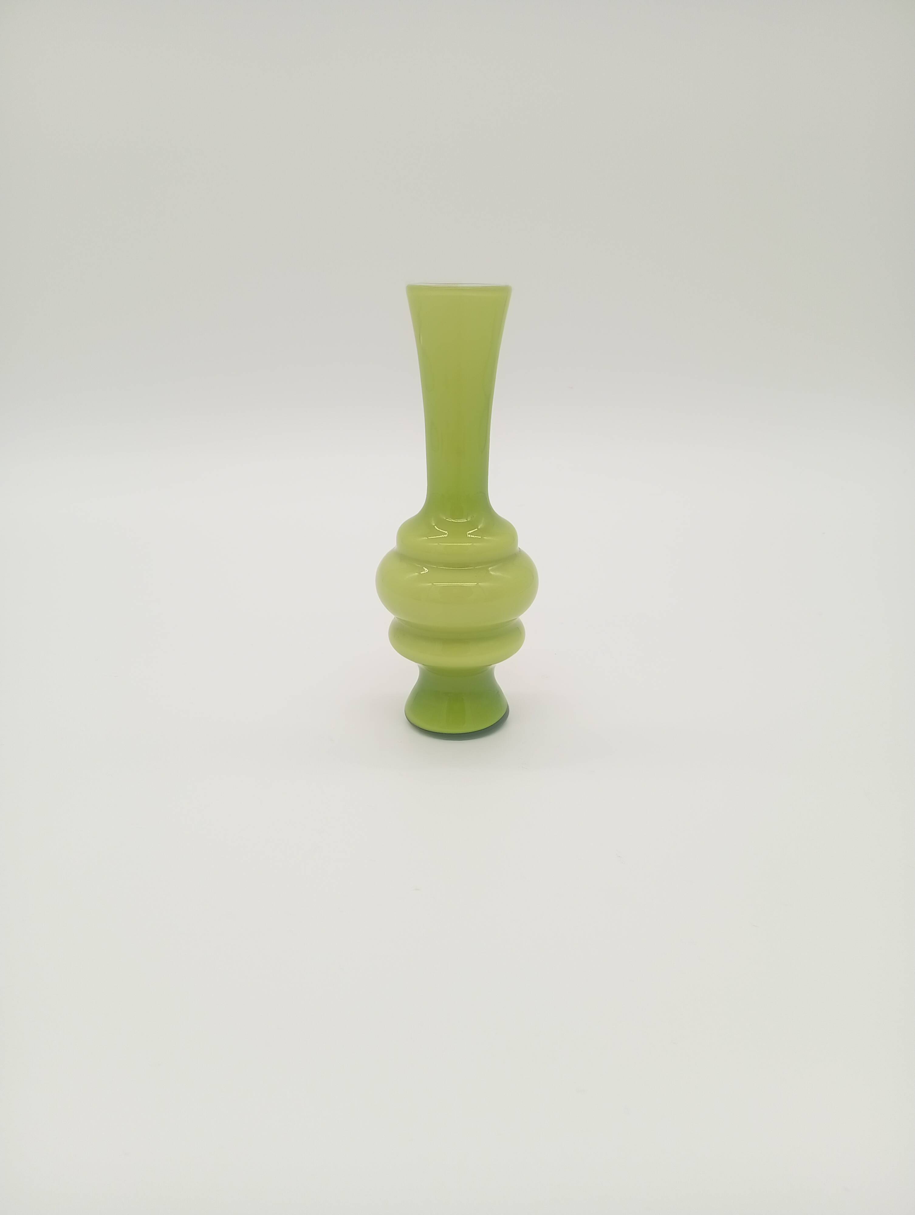 Green Ribbed Hooped Opaline Glass Vintage Space Age Vase 70s 80s Murano