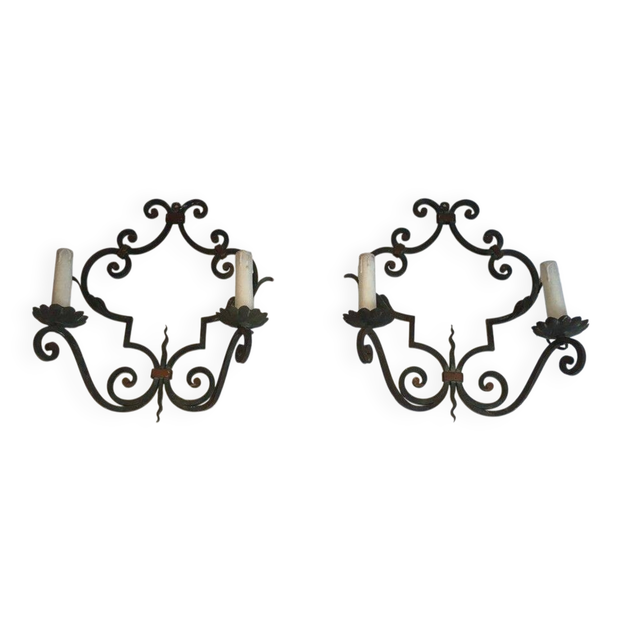 Pair of large decorative wrought iron wall sconces