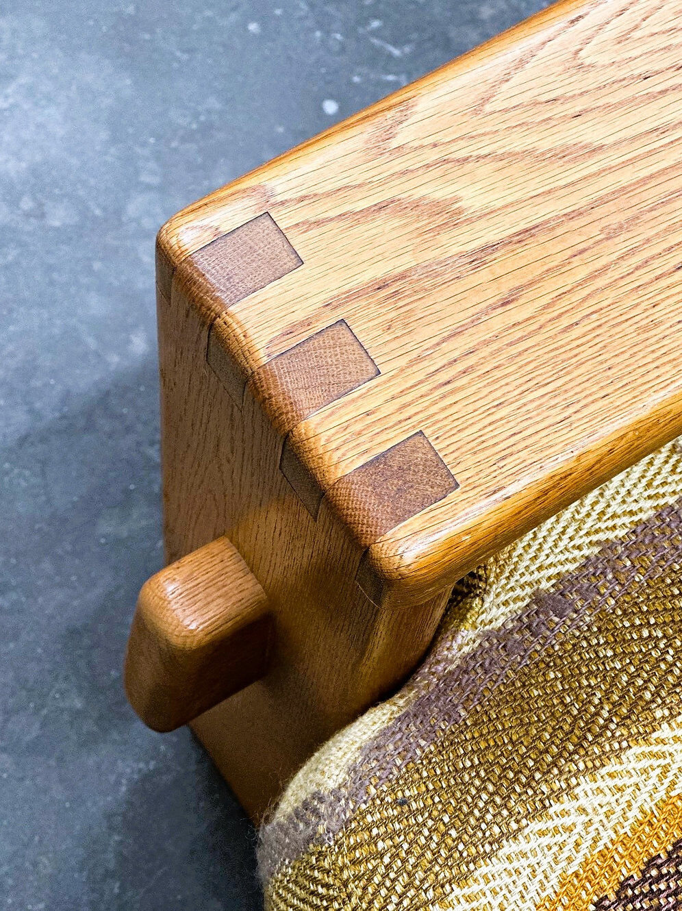 Vintage large elm wood lounge chair with original fabric, 1970s France