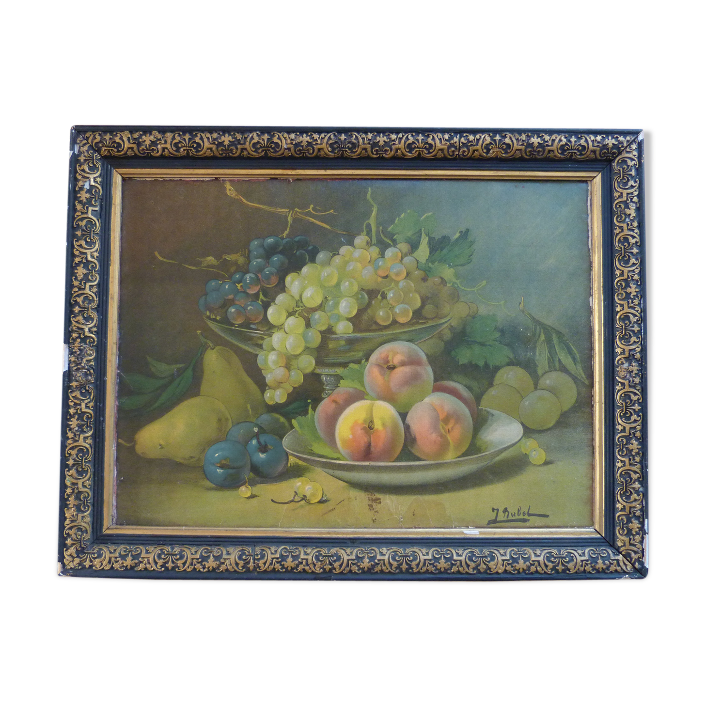 Oil on canvas still life with fruit by J. Rubel