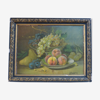 Oil on canvas still life with fruit by J. Rubel