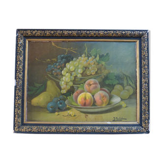 Oil on canvas still life with fruit by J. Rubel