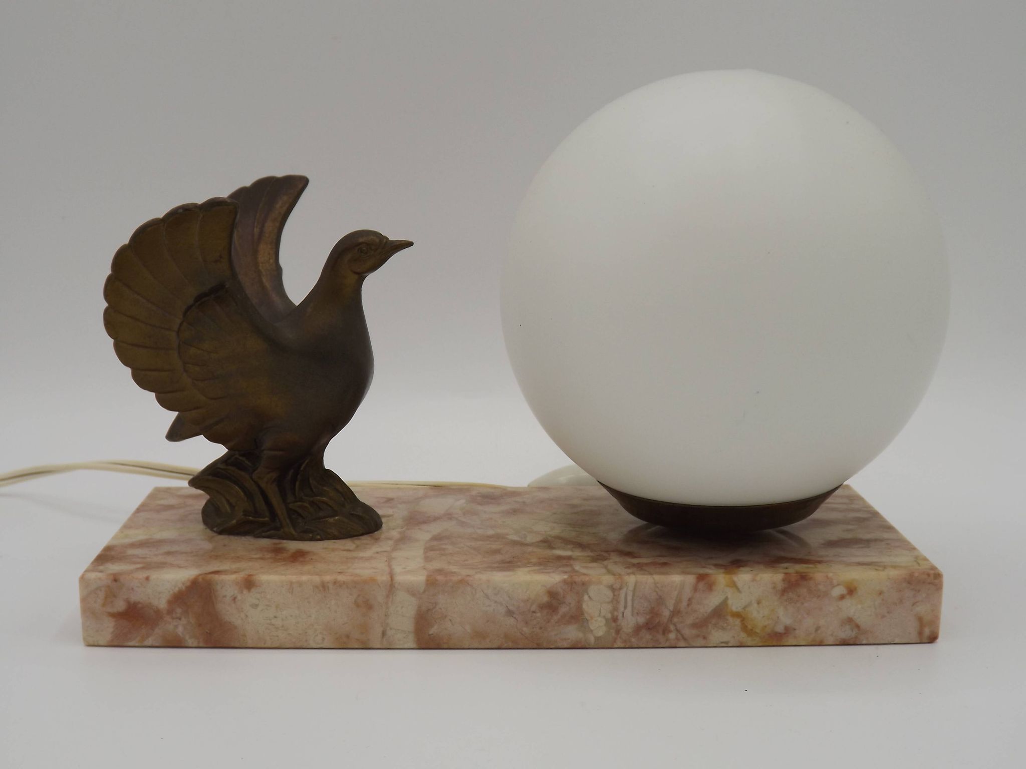 French Art Deco table lamp, bird motif, marble base, white glass globe 4477