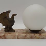 French Art Deco table lamp, bird motif, marble base, white glass globe 4477