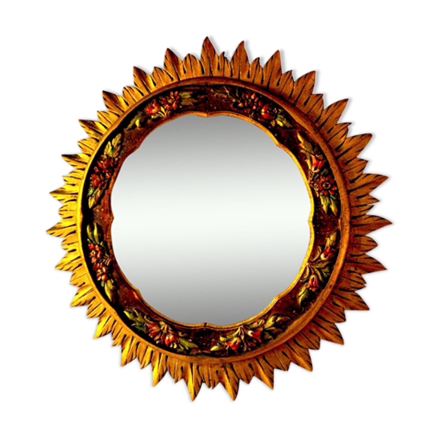 Golden wooden sun mirror, France, 1980, 70cm