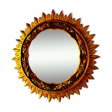 Golden wooden sun mirror, France, 1980, 70cm