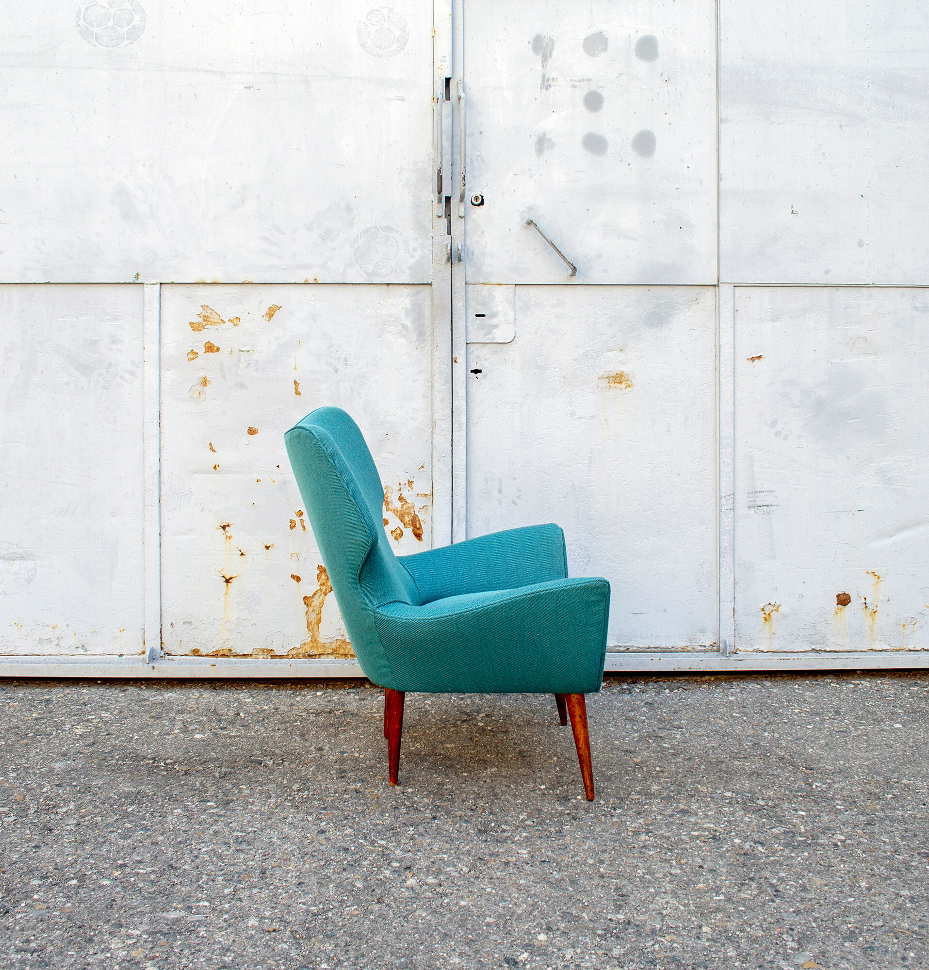 Pair of armchairs with wooden structure and padding covered in Italian fabric 50s