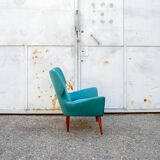 Pair of armchairs with wooden structure and padding covered in Italian fabric 50s