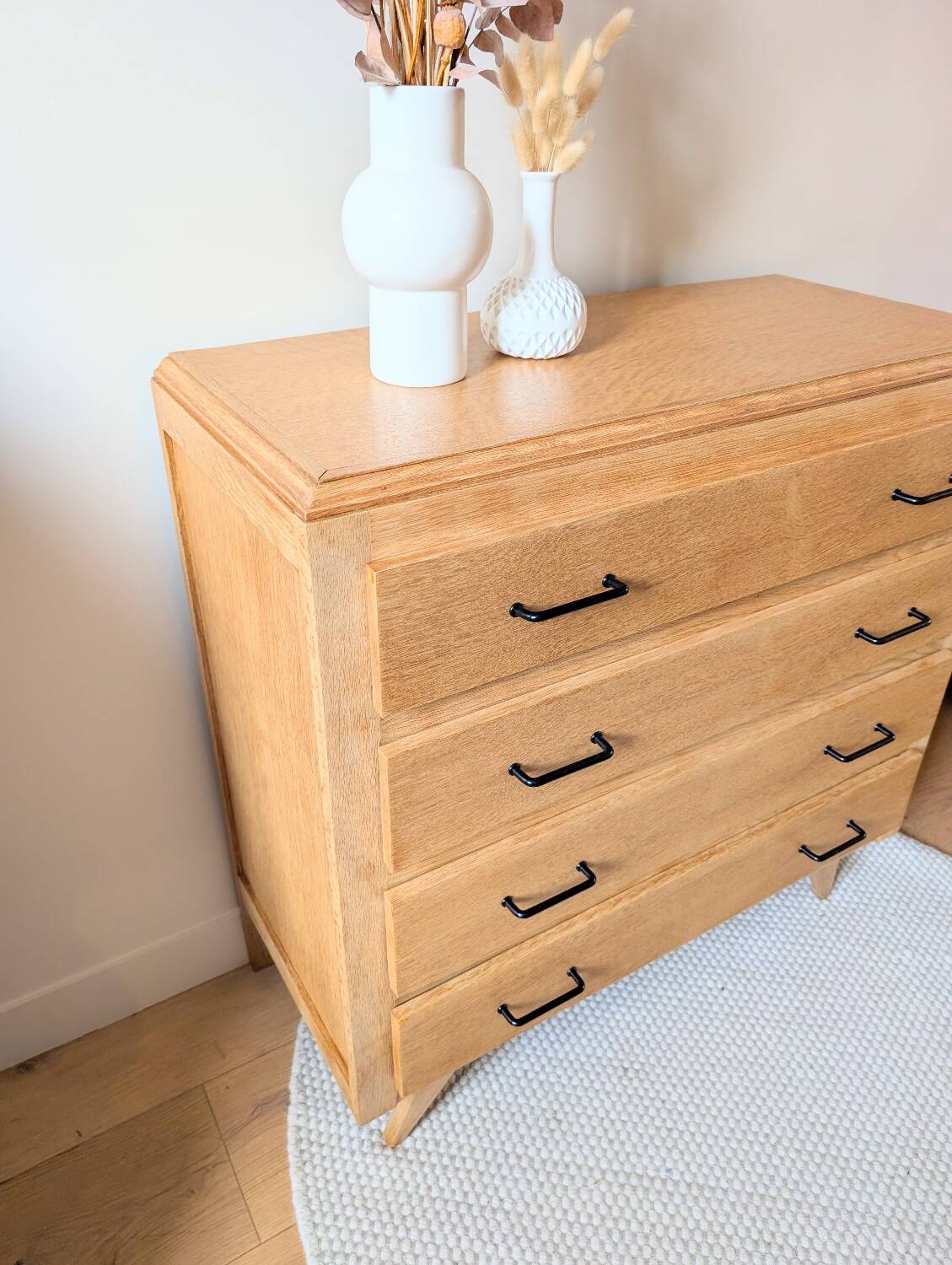 Vintage oak chest of drawers with splayed legs, restored