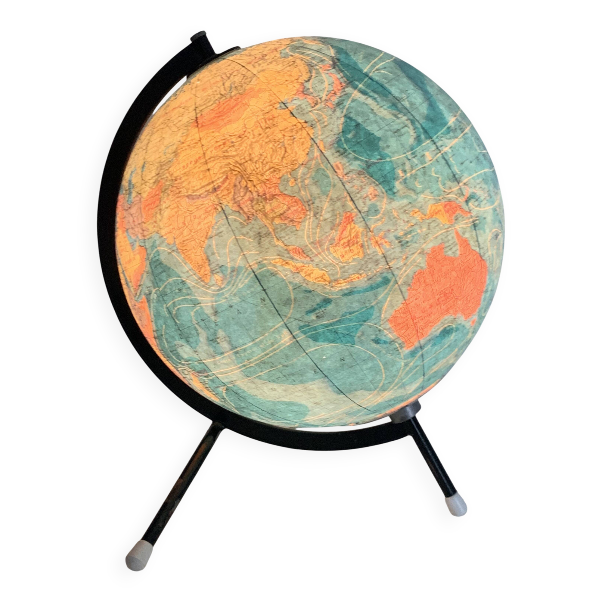 Vintage 1975 globe, tripod glass, Taride world map - 28 cm