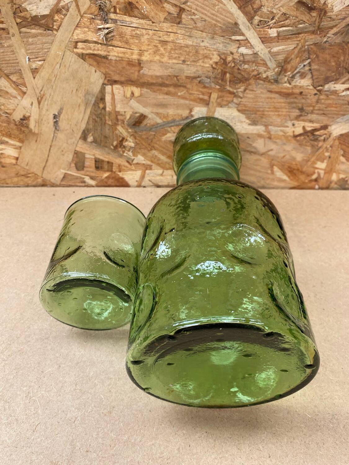 Old Orangeade Carafe Service + 6 Green Molded Glass Glasses 1970 Vintage