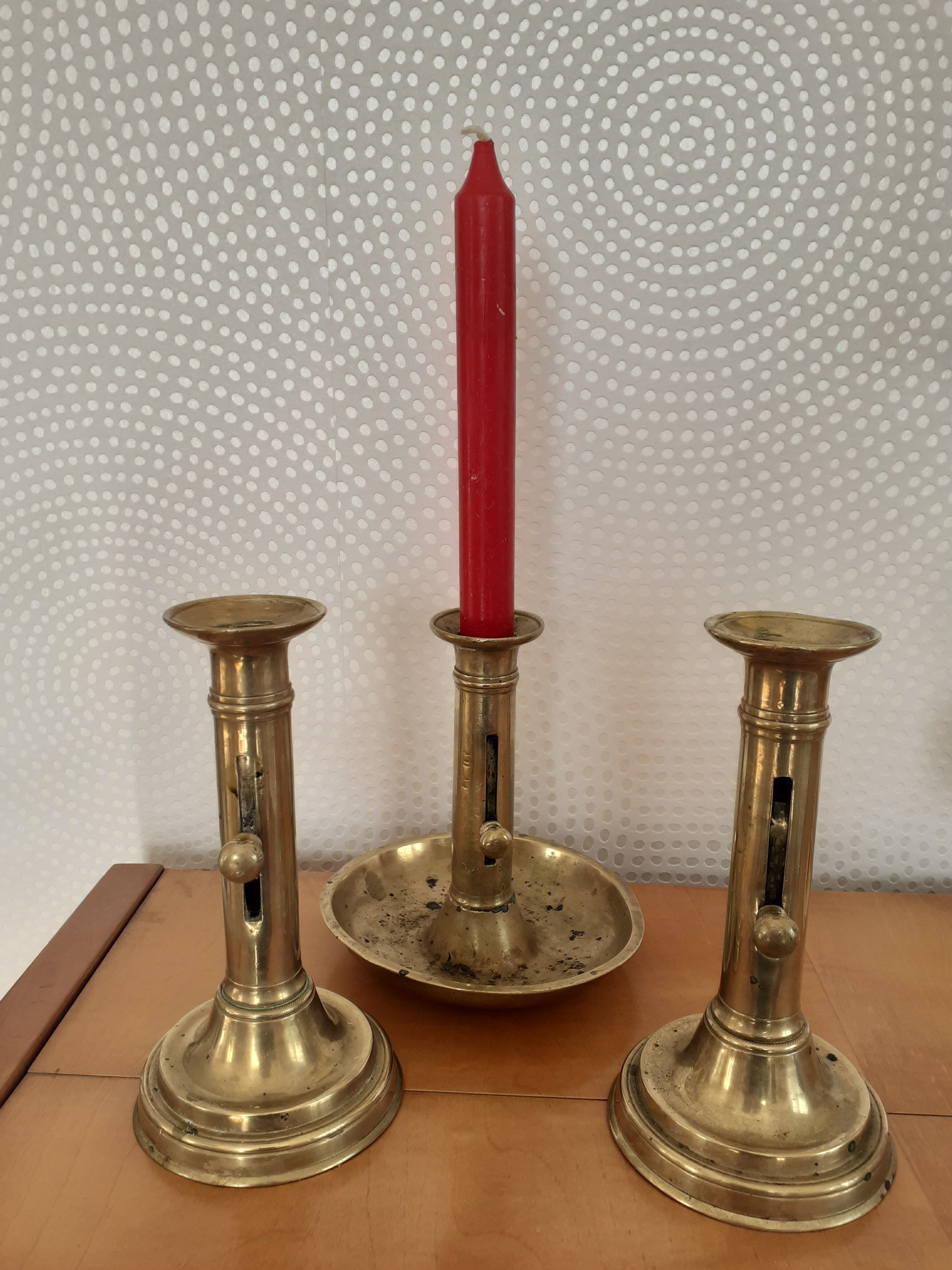 Set of 3 old candle holders with pushers