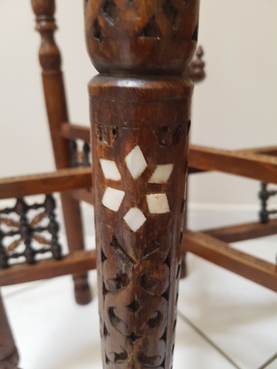Vintage moroccan table in wood, copper and mother-of-pearl