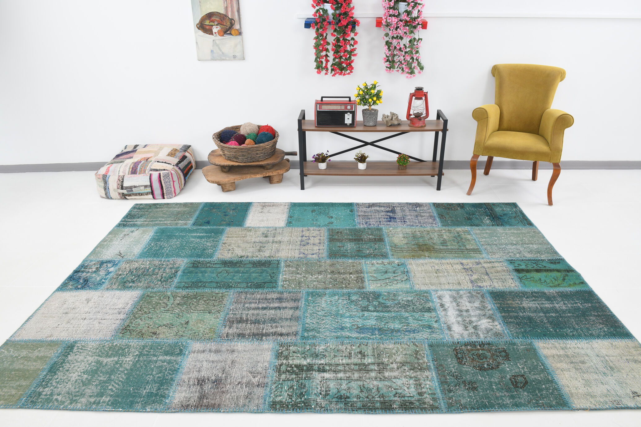 7x10 Green Vintage Patchwork Rug 300x210Cm