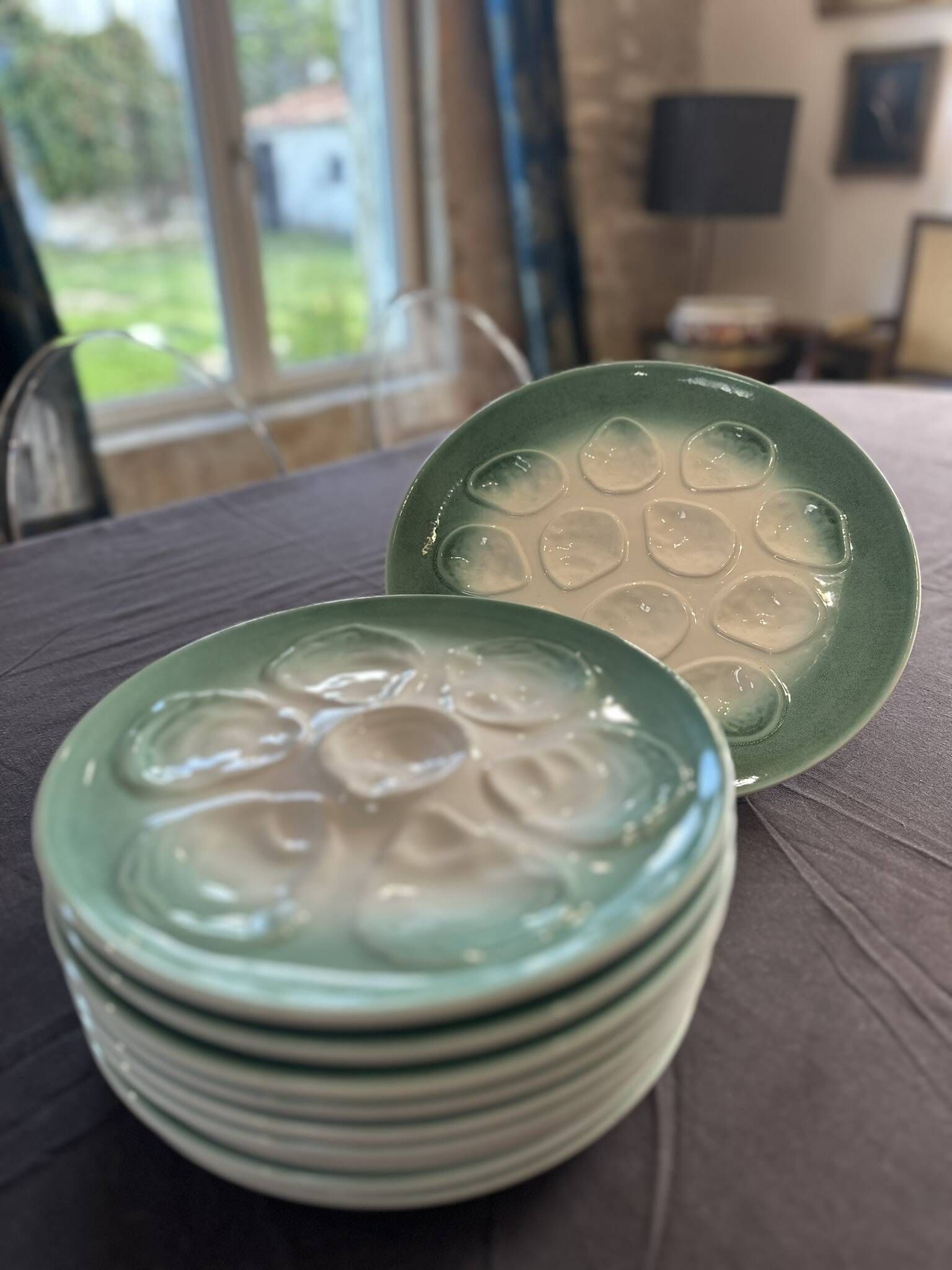 Niderviller sea-green earthenware oyster plates, set of 10 + dish