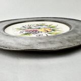 Decorative earthenware and pewter wall plate with fruits
