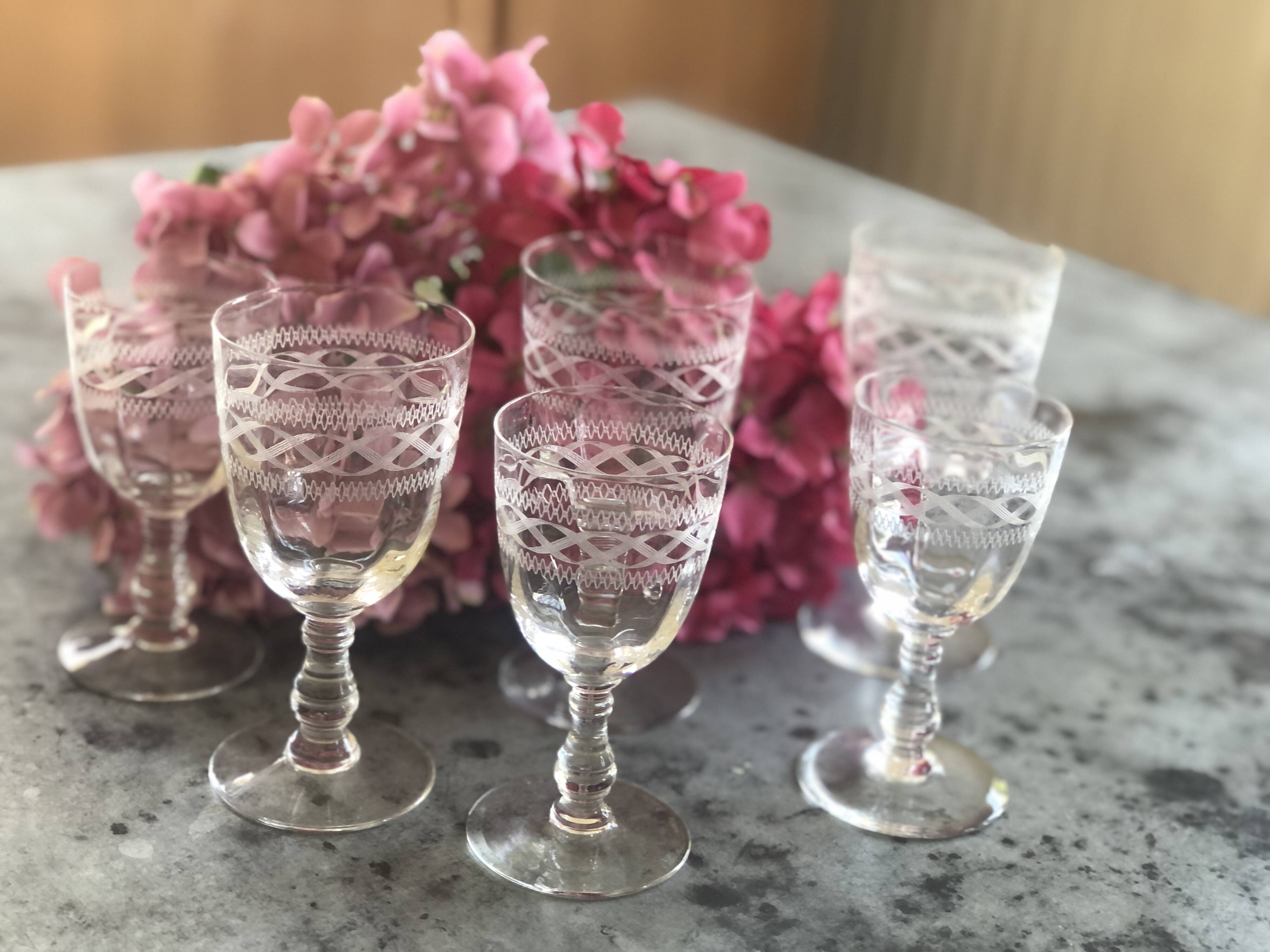 6 old engraved crystal glasses