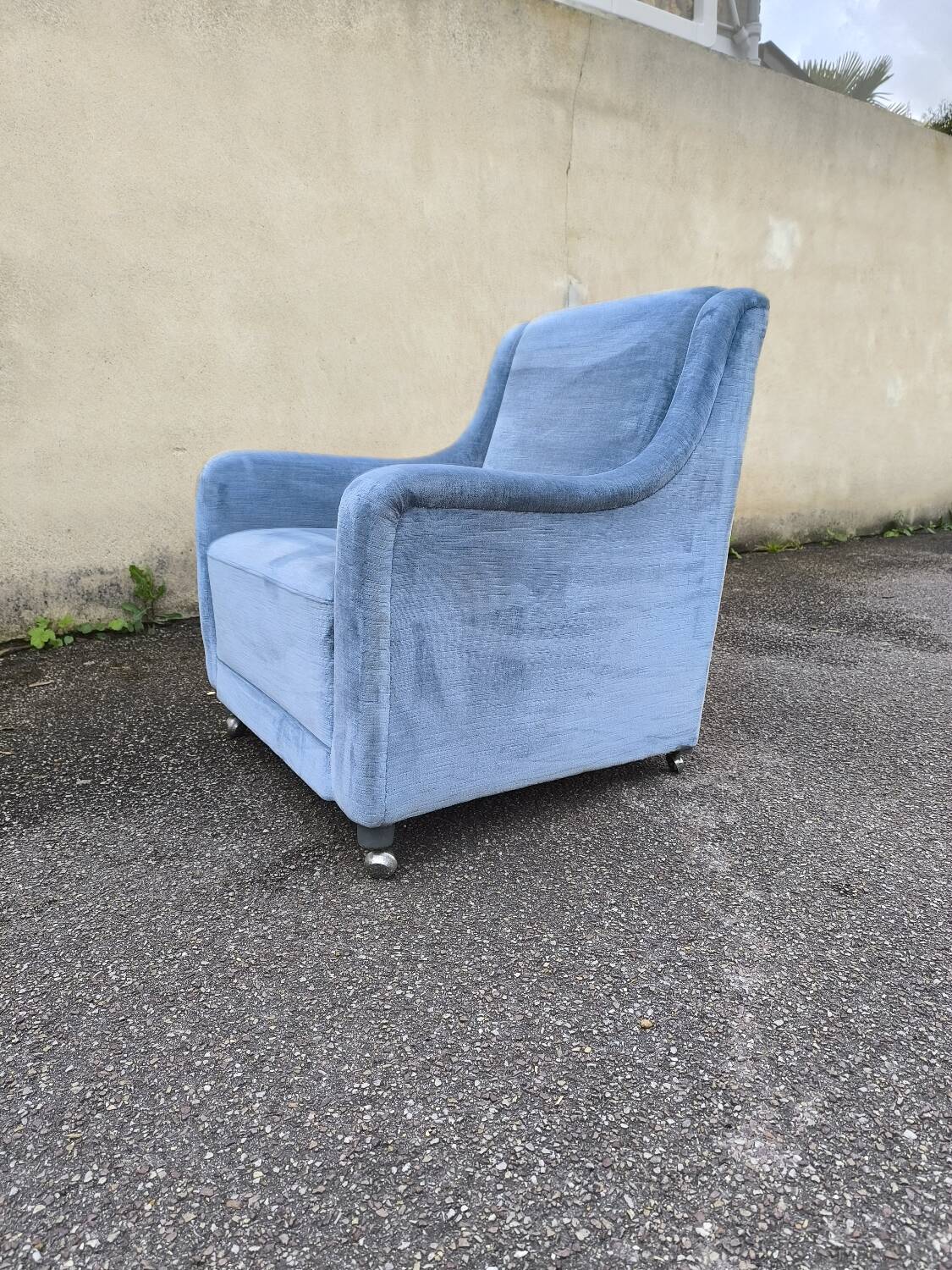 Cocktail armchair in sky blue velvet 1960s