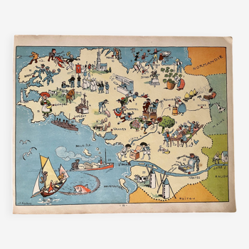 Affiche ancienne carte illustrée de la Bretagne 1939 - JP Pinchon