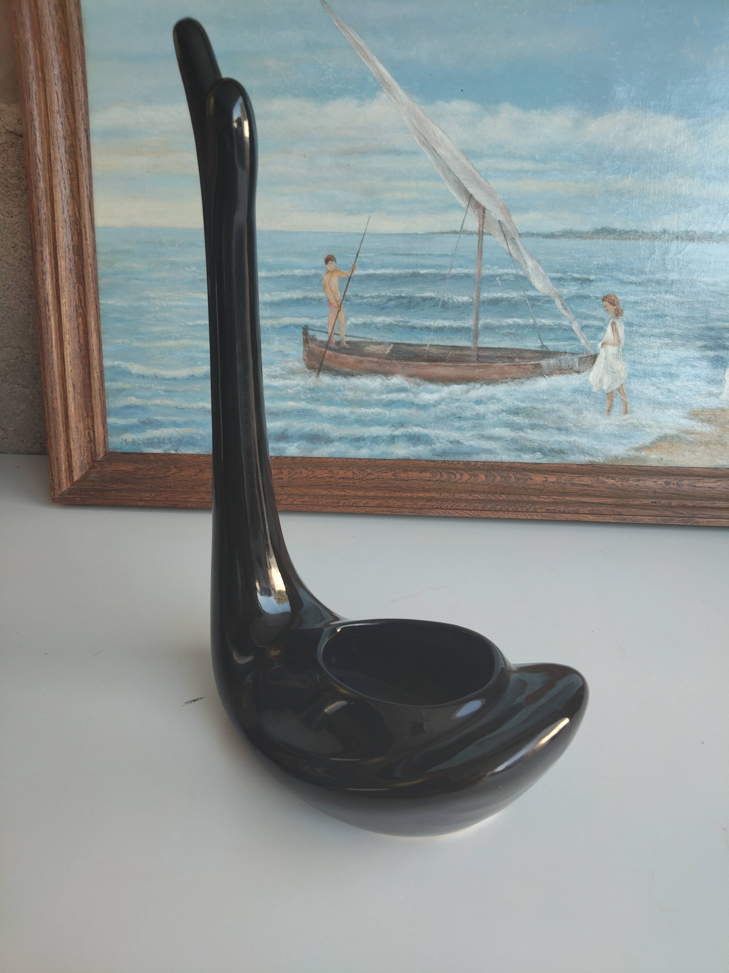 Vintage black ceramic swan planter – 1960s