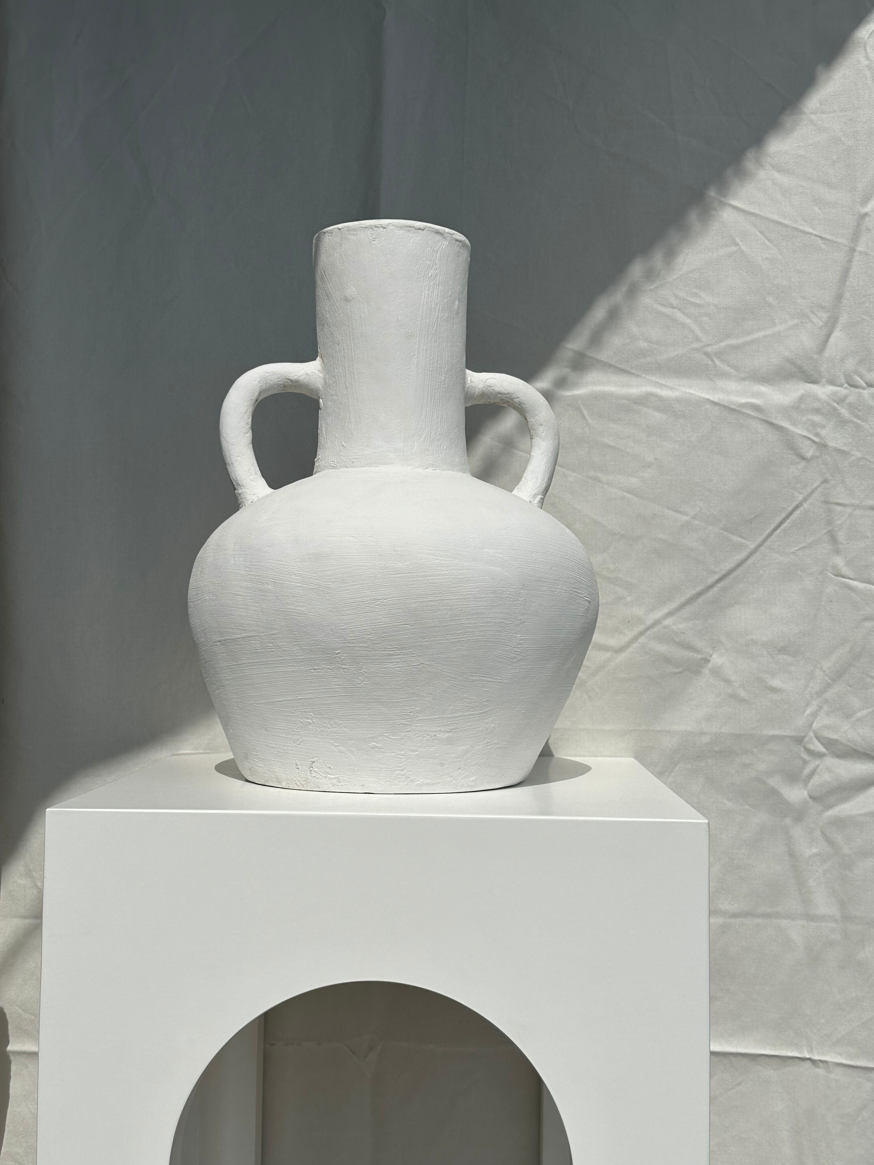 Handcrafted terracotta vase painted white with double handles h:40 d:30