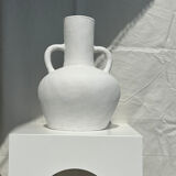 Handcrafted terracotta vase painted white with double handles h:40 d:30