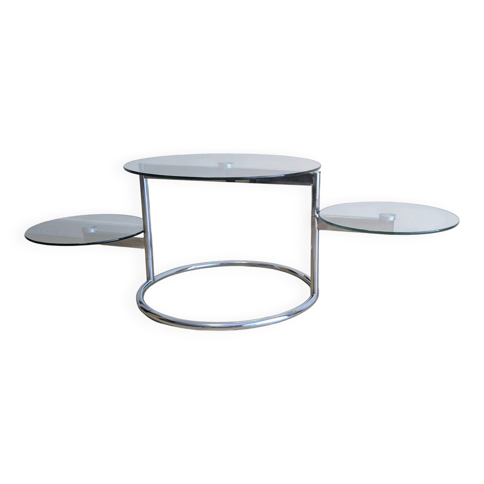Vintage swivel coffee table with 3 glass and chrome trays – 1980s