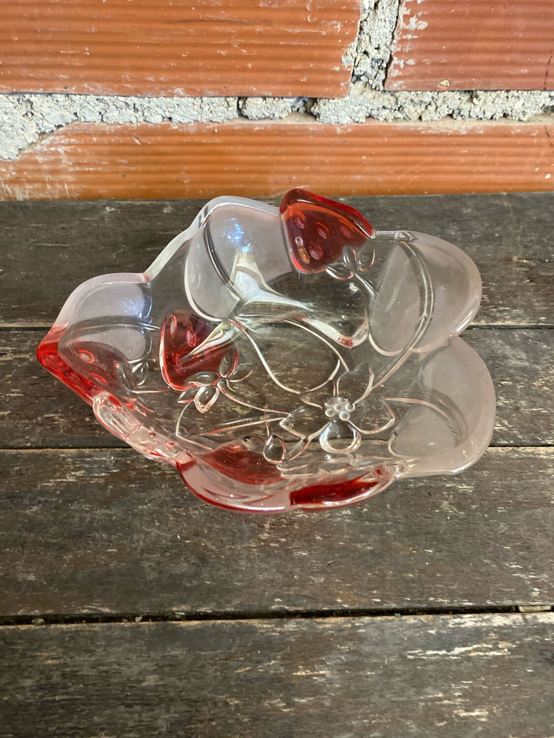 Vintage Ashtray Bowl ANNE HUTTE Style Crystal Strawberry Red Decor