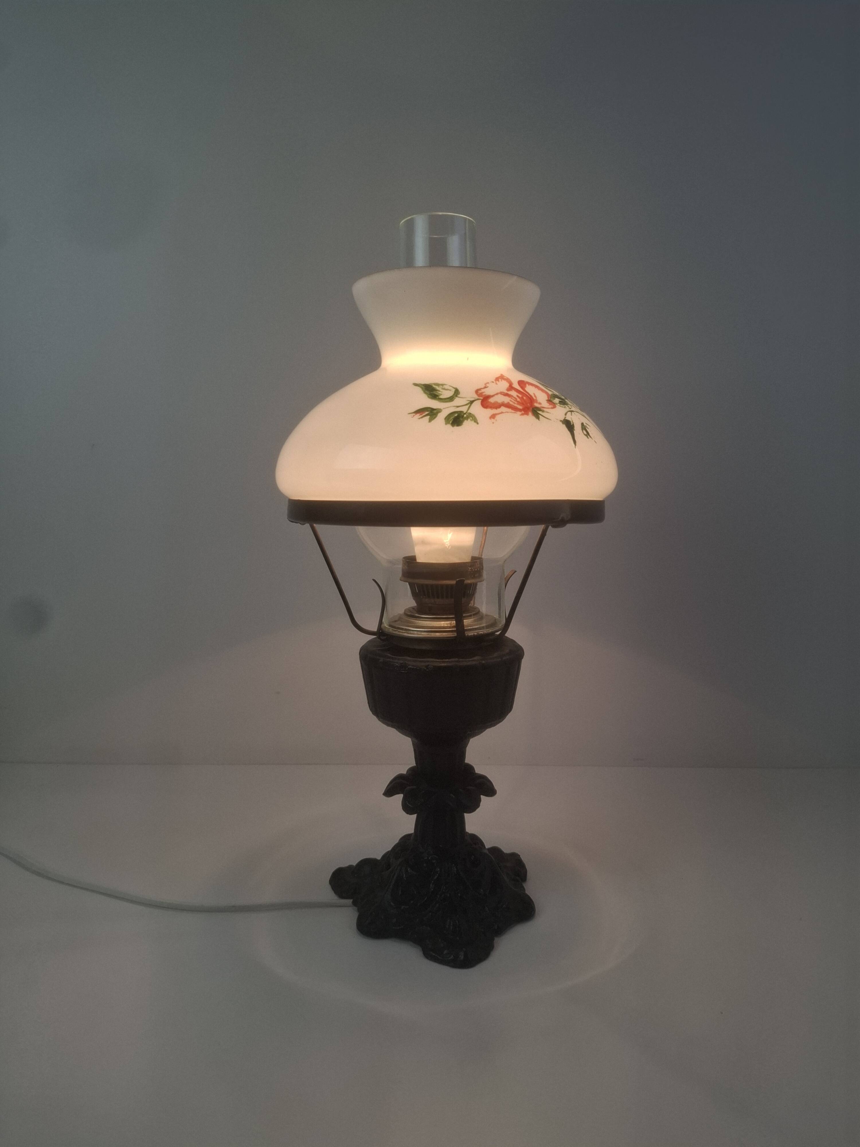 Mid-century Czech cast iron glass lamp vintage floral shade home lighting