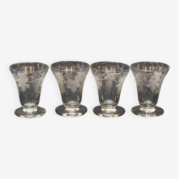 4 Old Small Liqueur Glasses in Engraved Vine Leaf and Grape Glass
