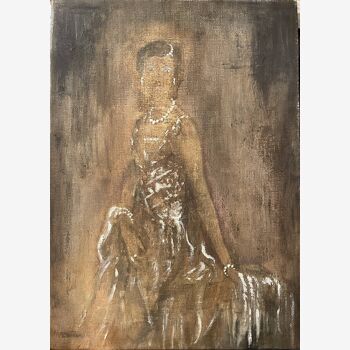 Tableau huile sur toile portrait femme aux bijoux « ombre et lumière »