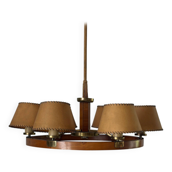 Lustre en bois avec détails en laiton, années 1960, Allemagne