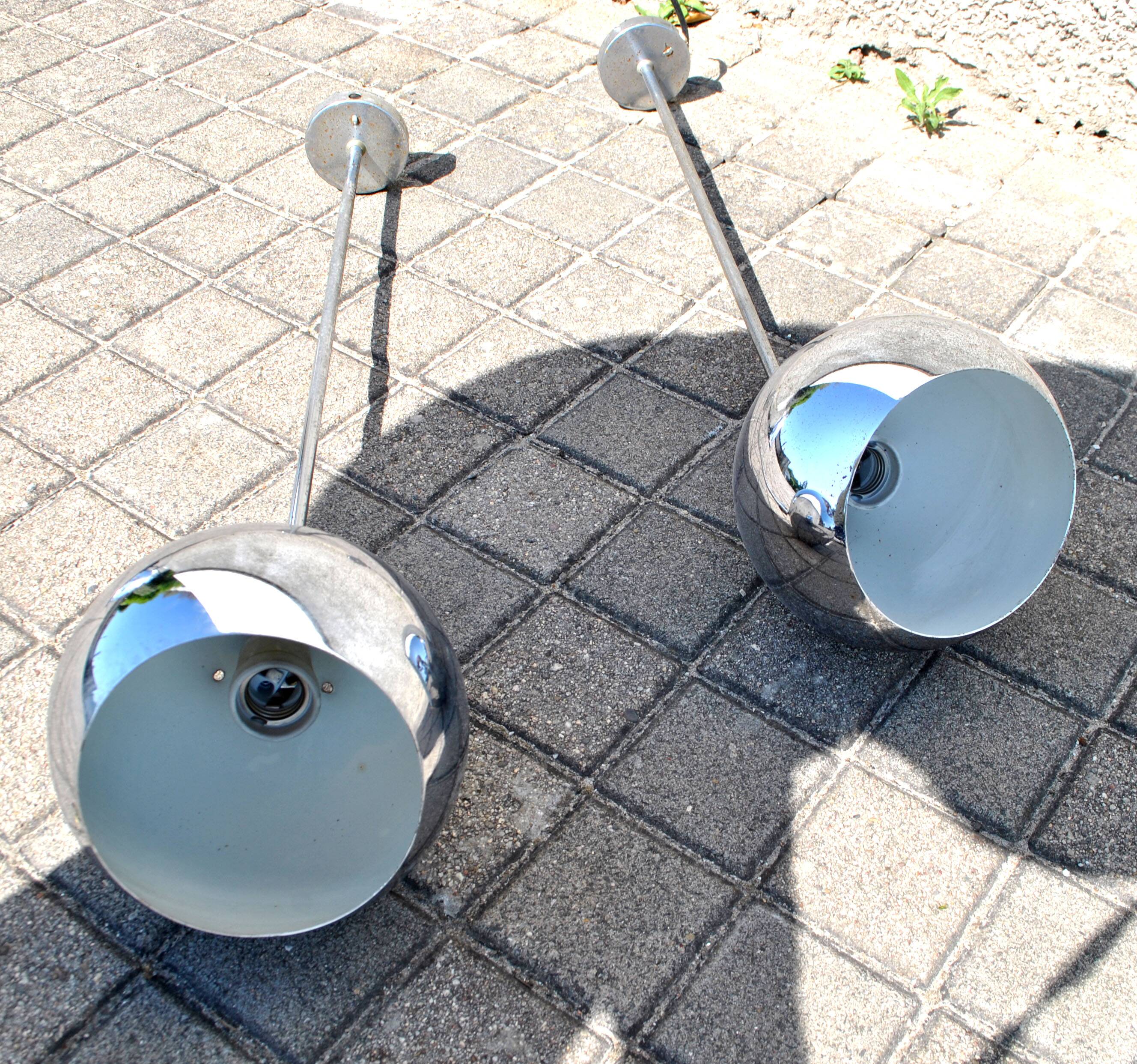 Set of 2 design ball lamps in chromed metal industrial pendant lights 1970