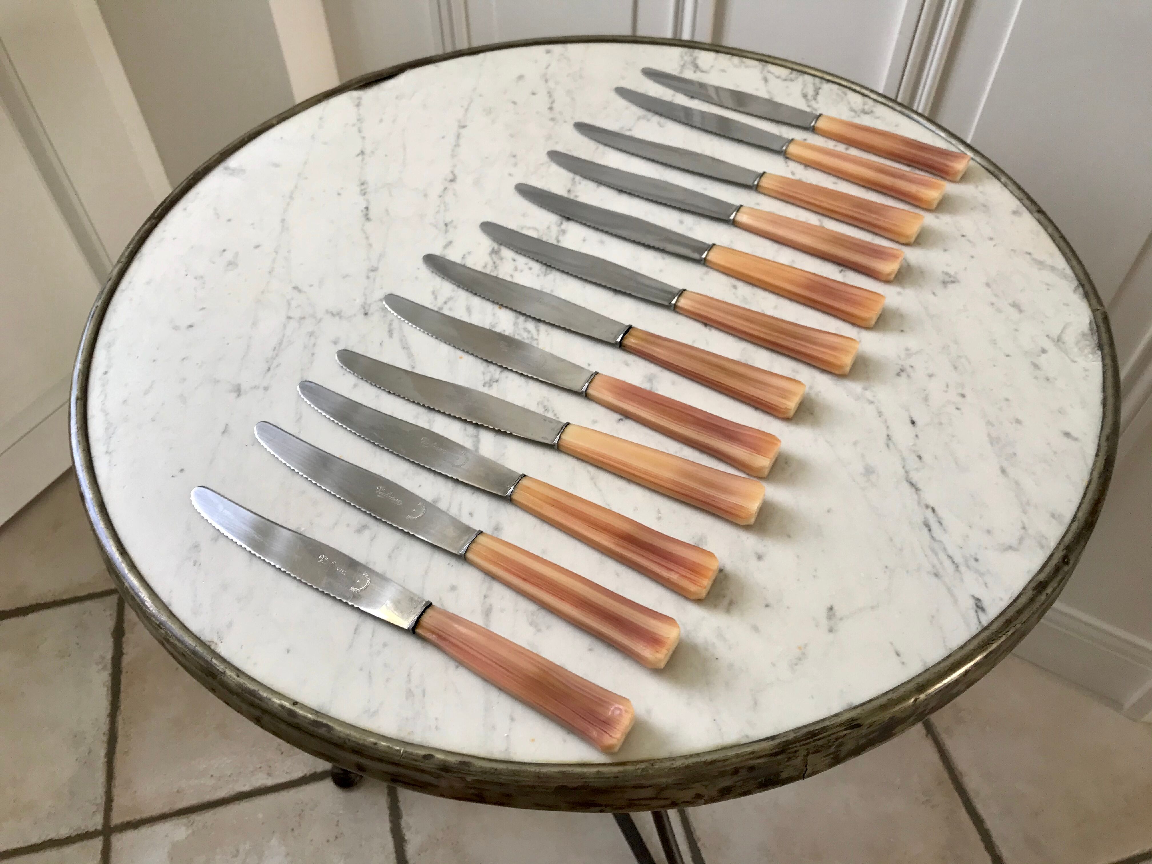 Set of 12 vintage horn knives 70s