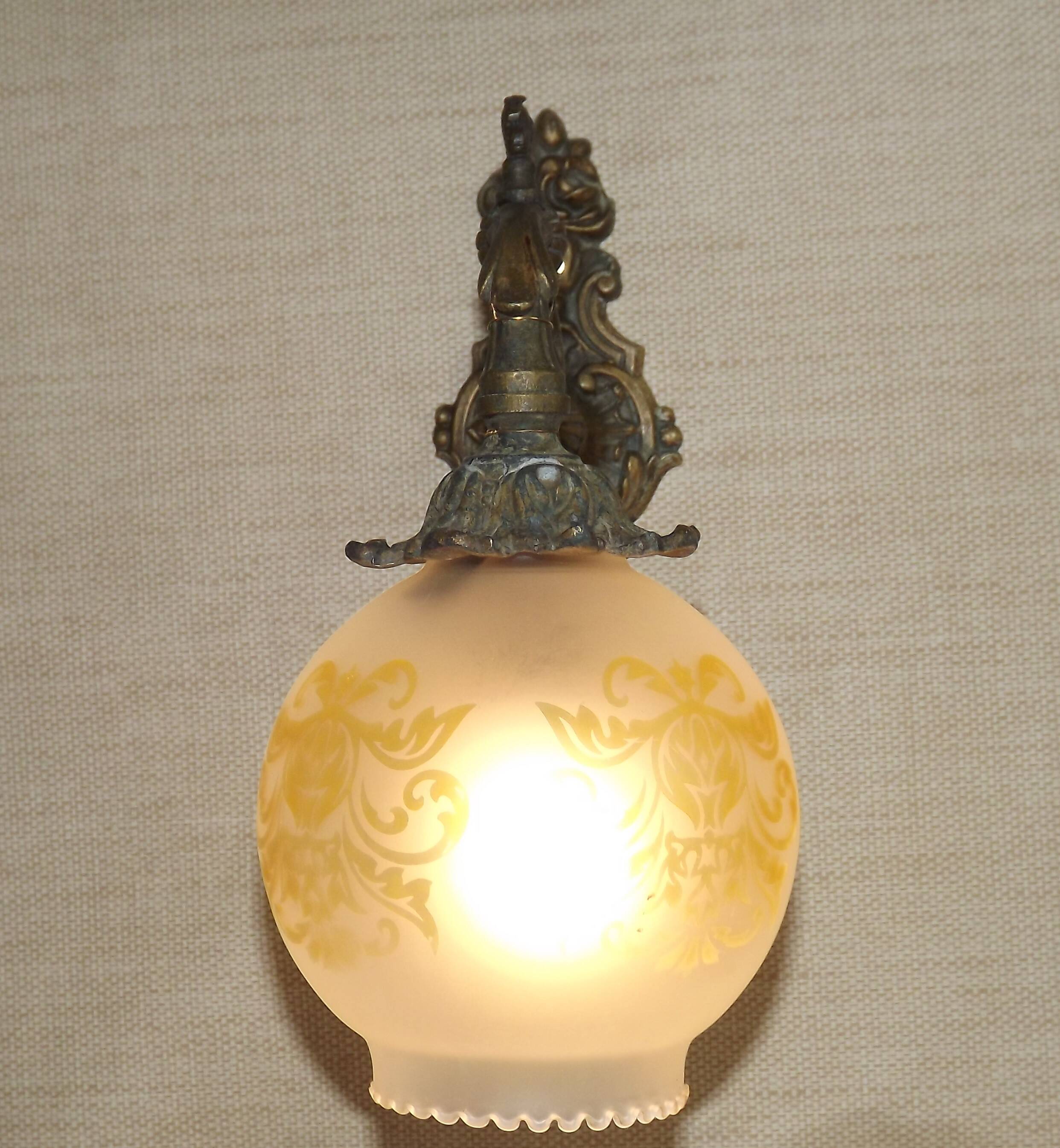 French antique electrified old brass gas mantle with patterned glass shade 4971.