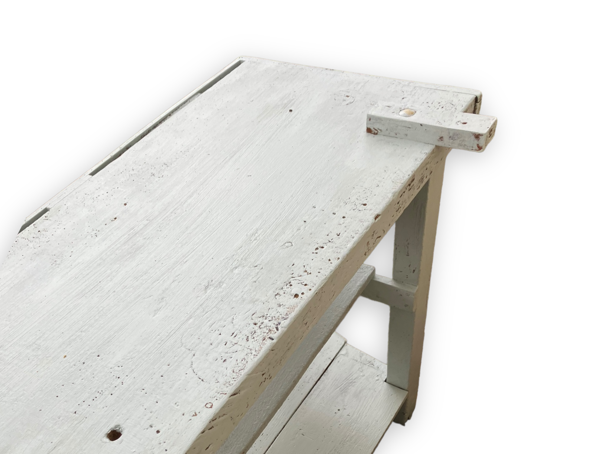 Light blue painted wooden workbench