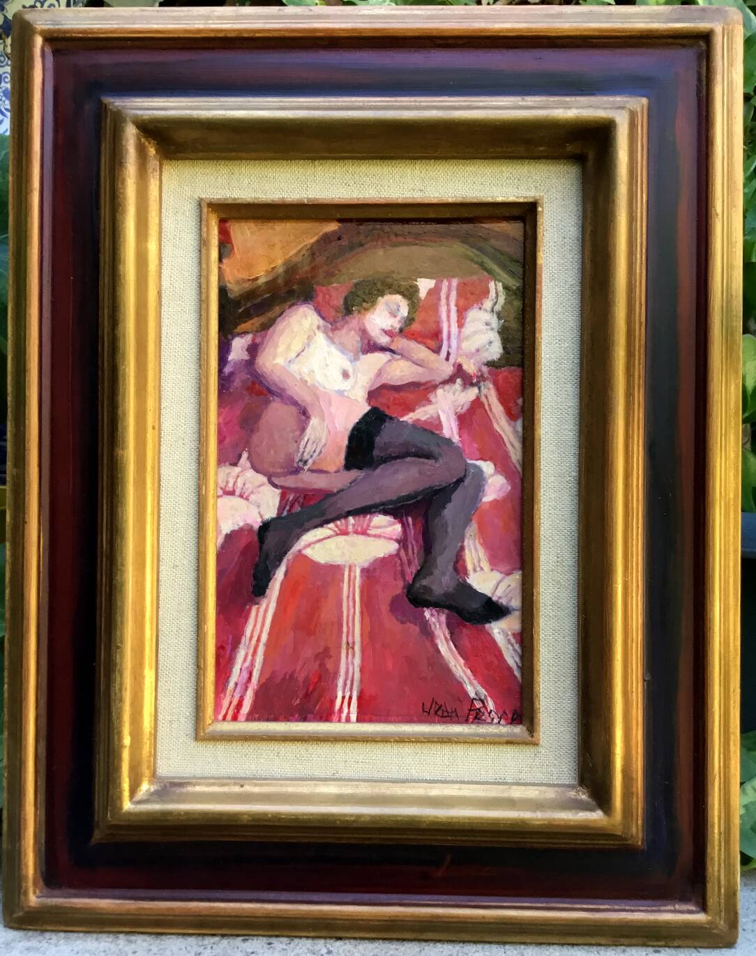 Jean Pesce. Nude with flowered sheets. Oil panel signed and framed